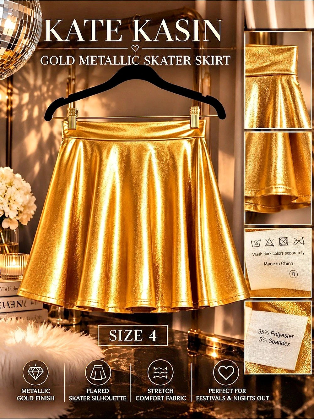 Kate Kasin Metallic Skater Skirt Gold Metallic Mini Skirt Size 4